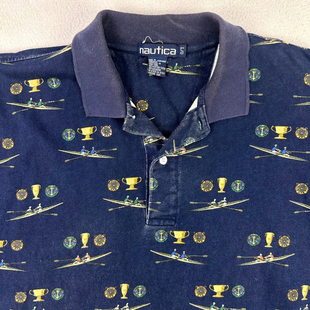 Vintage 90s Nautica Polo Shirt Mens Large Blue Rowing Preppy Collegiate Heritage